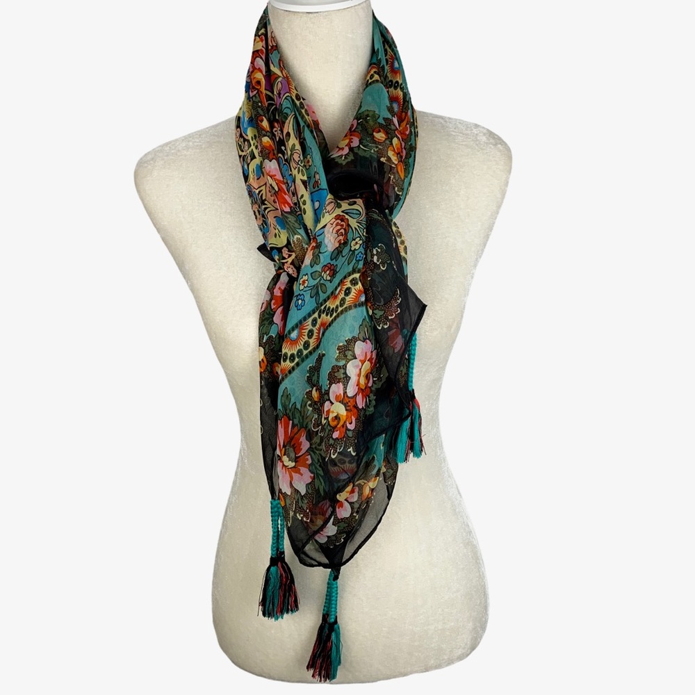 Johnny Was Floral Paisley Sheer Scarf in Teal Black Pink Orange